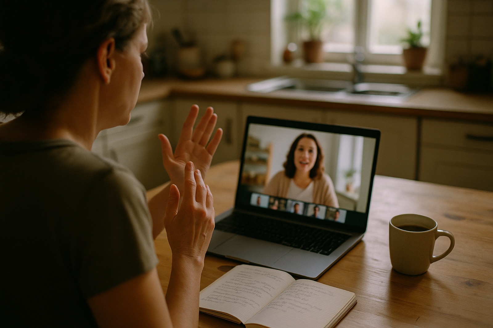 A parent at her kitchen table raising her hand to ask an expert a question during a live video session